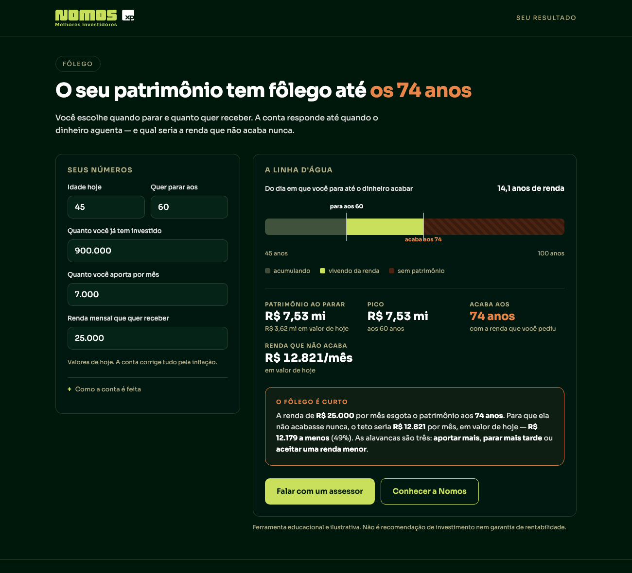 Tela de resultado do simulador Fôlego